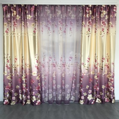 Готовые шторы омбре Фиолетовые (SHT-157-2), набор шторы и тюль с цветочным принтом для спальни 1396569321 фото