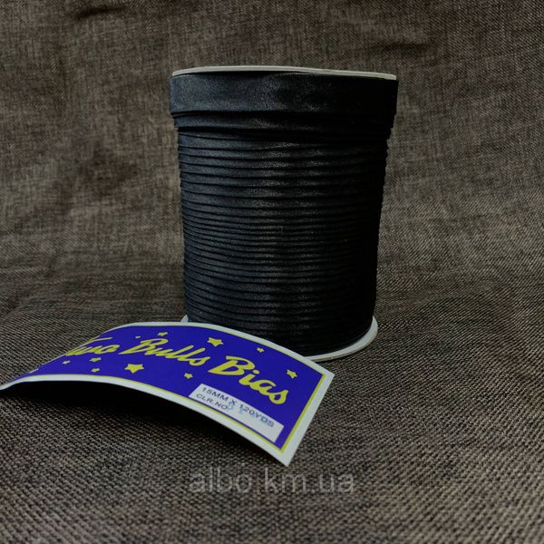 Косая бейка атласная черного цвета для окантовки, ширина 15 мм моток 100 м (FU-8194) 1872649582 фото