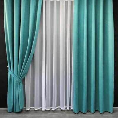 Красиві стильні штори однотонні мікровелюр на тасьмі, комплект готових штор для залу Бірюзові 1881127299 фото
