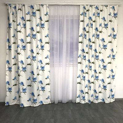 Готові гарні атласні білі штори з блакитними квітами (без тюлю) у зал, спальню, вітальню, дитячу ALBO 1256611738 фото