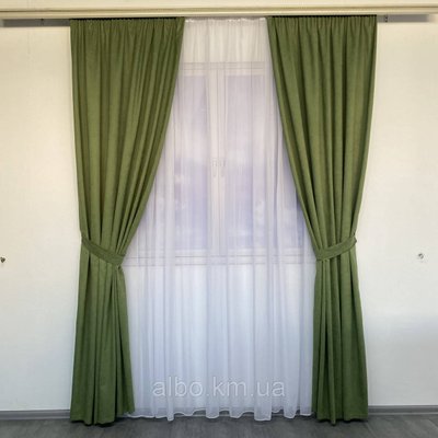 Красиві стильні штори однотонні мікровелюр на тасьмі, комплект готових штор для залу Зелені 1915132419 фото