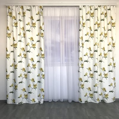 Шторы атласные с желтыми цветами белые (SH-614-4) 150-270 см, портьеры для детской спальни на тесьме 1262436755 фото