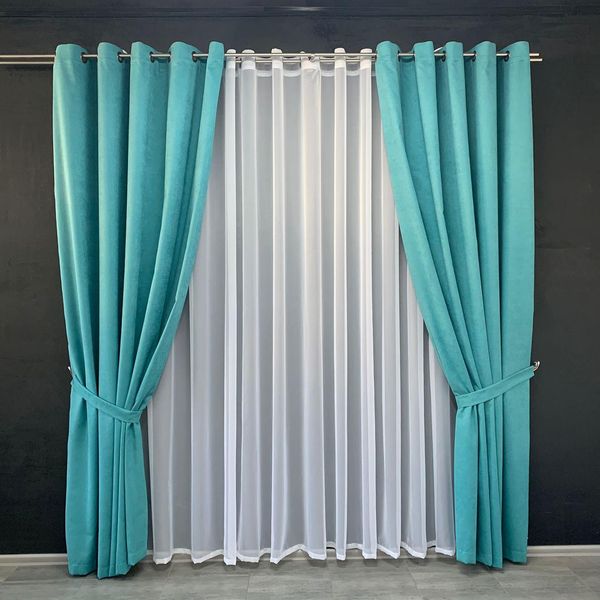 Красиві стильні штори однотонні мікровелюр на тасьмі, комплект готових штор для залу Бірюзові 1275615850 фото