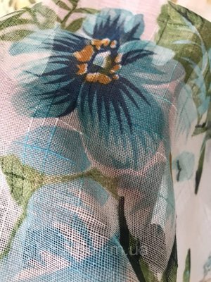 Красивий тюль з льону з бежево-блакитним квітковим принтом на метраж і оптом, висота 2.8м (822-4) 1354347401 фото